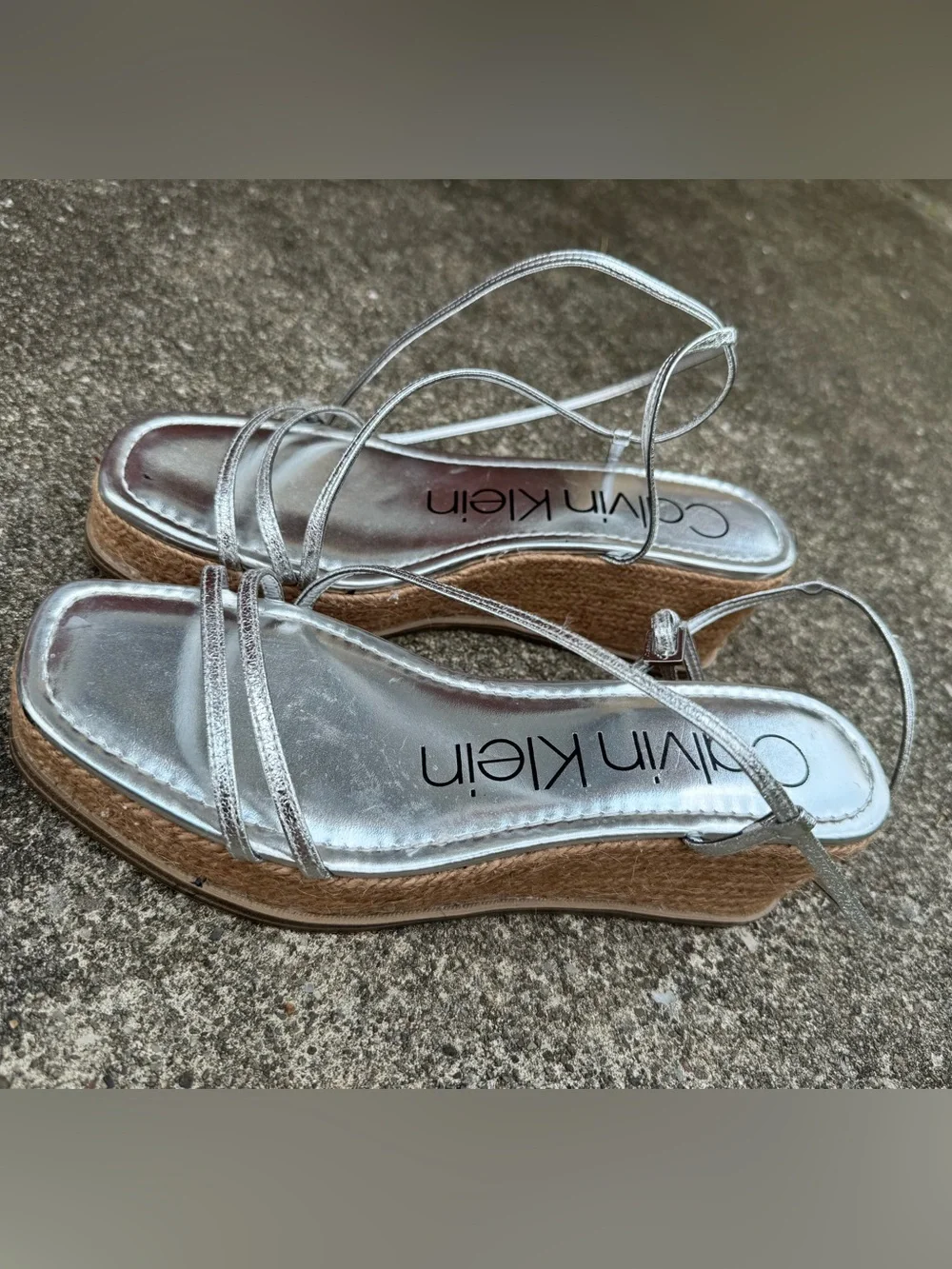 Calvin Klein Neve Metallic Silver Strappy Platform Wedge Espadrille Sandals 9.5M